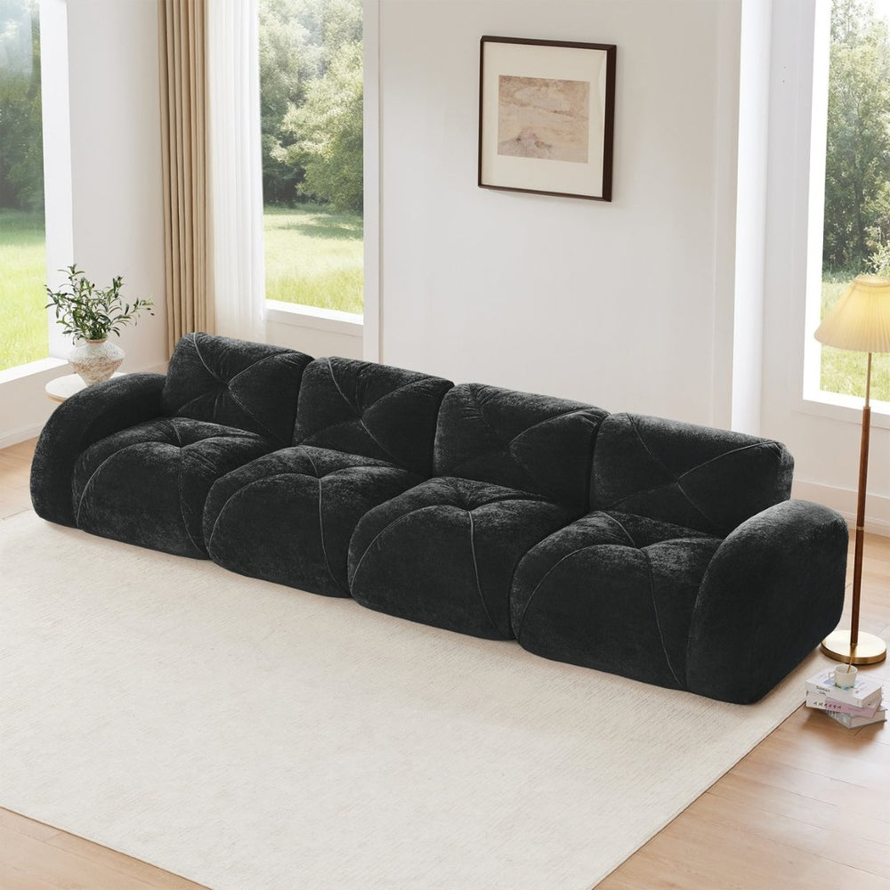 English Elm 140''soft Velvet Modular Cloud Sofa Tufted Plush Seating for Living Room or Home Theater Black W714S01629