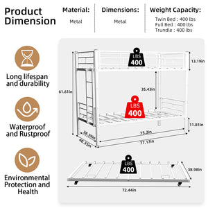 English Elm Heavy-duty Metal Twin over Twin Bunk Bed with Noise-Reducing Design, Safety Rail, Ladder, 350lb Capacity White W1935P300342