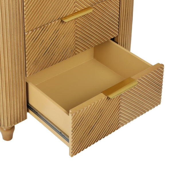 English Elm Mid-century Fluted 3 Drawer Nightstand with Gourd Legs and Gold Tone Handles for Bedroom Natural N761P285712N
