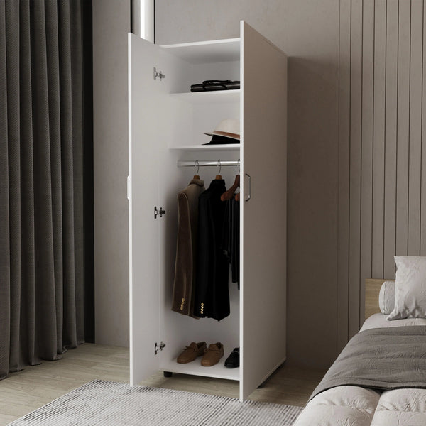 English Elm White 2-Door Armoire with Hanging Rod and Shelves — Tall 70.9" White Closet Cabinet for Chic Storage B062S00621