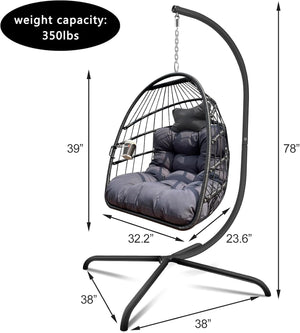 English Elm Swing Egg Chair with Stand - Foldable Wicker Rattan Hanging Basket, Safety Guardrail & Cup Holder Black W2707P184391