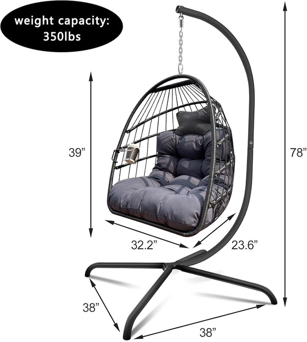 English Elm Swing Egg Chair with Stand - Foldable Wicker Rattan Hanging Basket, Safety Guardrail & Cup Holder Black W2707P184391