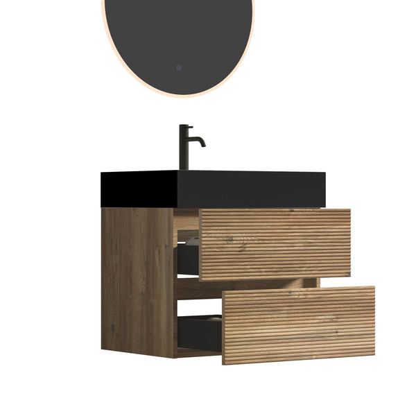 English Elm 24' Mid-Century Wall-Mounted Vanity with Engineered Quartz Basin, Hidden Handle, Extra Storage, Soft-Close Drawers Oak W1865S00164