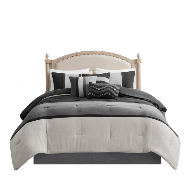 English Elm 7 Piece Faux Suede Comforter Set In Modern Black & Grey For Cal King - Cozy, Hypoallergenic & Stylish! B03597217