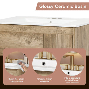 English Elm 30" Modern Wood Bathroom Vanity with Ceramic Sink, Soft-Close Door, Drawer Dividers & Open Shelf N710P247136P