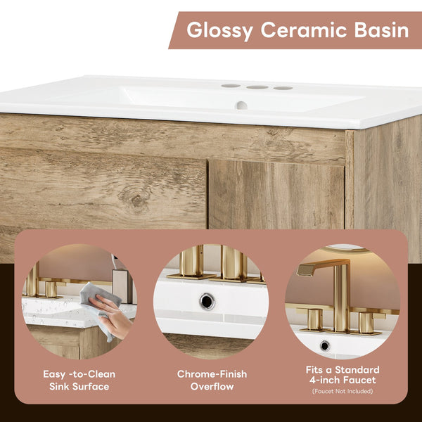 English Elm 30" Modern Wood Bathroom Vanity with Ceramic Sink, Soft-Close Door, Drawer Dividers & Open Shelf N710P247136P