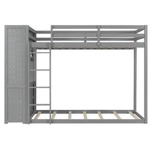 English Elm Twin Bunk Bed with Storage Drawers Hanging Rail Led Shelves and Pegboard Organizer Gray LT000282AAE