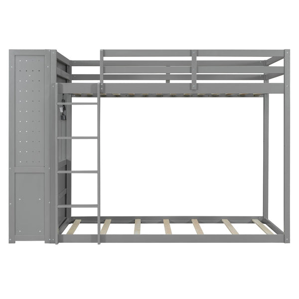 English Elm Twin Bunk Bed with Storage Drawers Hanging Rail Led Shelves and Pegboard Organizer Gray LT000282AAE