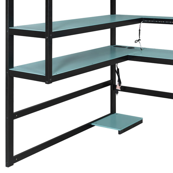 English Elm Full Size Gaming Loft Bed with Rgb Lights Wraparound Shelves and Built-in Usb Ports Blue LT000299AAC