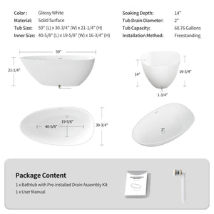 English Elm 59" Stone Resin Freestanding Soaking Tub Spa Grade Oval Design for Modern Baths Glossy White W1920P410046