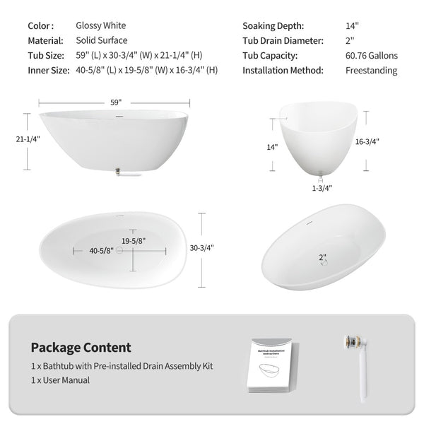 English Elm 59" Stone Resin Freestanding Soaking Tub Spa Grade Oval Design for Modern Baths Glossy White W1920P410046