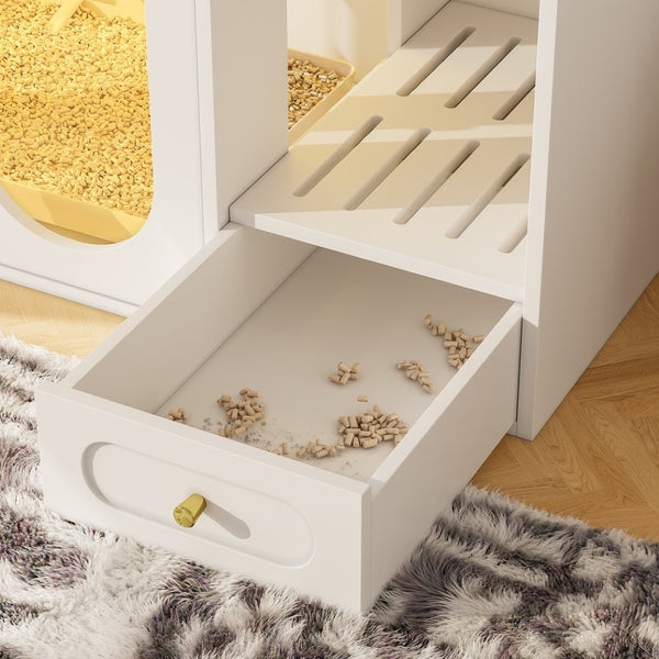 English Elm Cat Litter Box Cabinet with Led Lighting Acrylic Doors and Drawer Storage End Table White N704P402444K