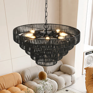 English Elm 24" Rustic 5-Tier Black Hemp Rope Chandelier – 8 E12 Sockets, Adjustable 150cm, Boho Farmhouse Fixture W1340P241299