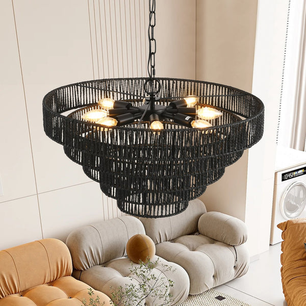 English Elm 24" Rustic 5-Tier Black Hemp Rope Chandelier – 8 E12 Sockets, Adjustable 150cm, Boho Farmhouse Fixture W1340P241299