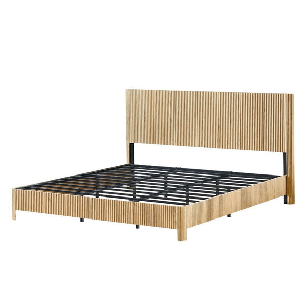 English Elm Queen Bed Frame with Led Lighting Curved Groove Panels and Floating Base Modern Bedroom W1820S00067