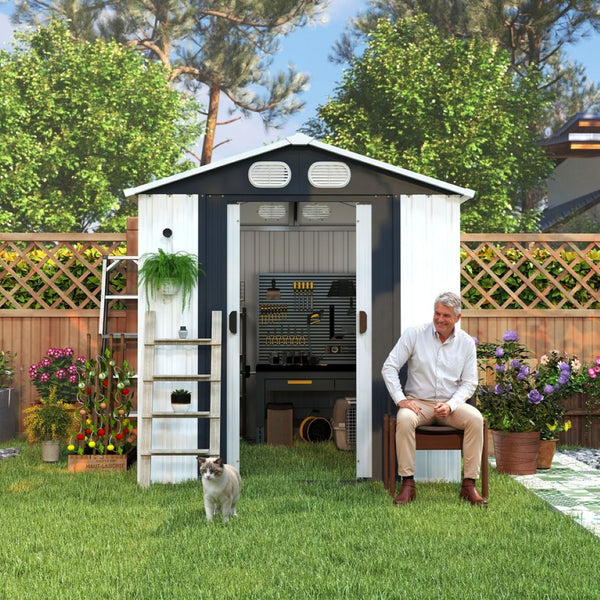 English Elm Campcraft 8x6 Outdoor Metal Storage Shed with Lockable Doors and Ventilation for Backyard White W1598S00045