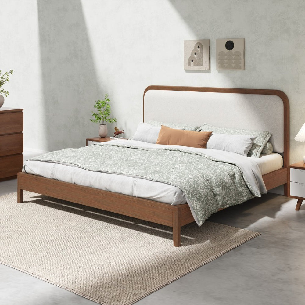 English Elm King Acacia Wood Platform Bed Curved Upholstered Headboard Scandinavian Bedroom N758K518081N