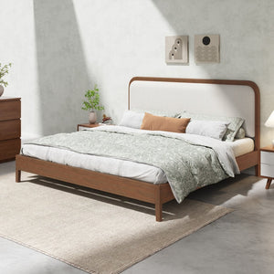 English Elm King Acacia Wood Platform Bed Curved Upholstered Headboard Scandinavian Bedroom N758K518081N