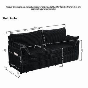 English Elm 73"convertible Corduroy Sleeper Sofa with Usb Port and Side Pocket for Studio Apartments Black W3373P405038
