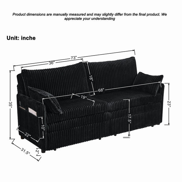 English Elm 73"convertible Corduroy Sleeper Sofa with Usb Port and Side Pocket for Studio Apartments Black W3373P405038