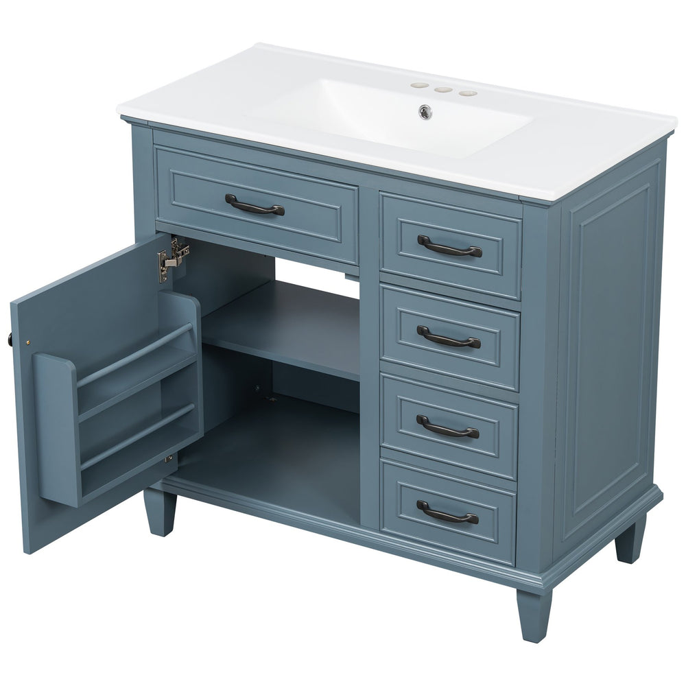 English Elm 36 Inch Bathroom Vanity With Ceramic Sink, Adjustable Shelf, Stylish Storage, Modern Blue Finish N725P336554C