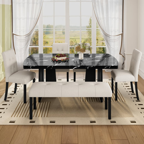 English Elm 6 Piece Dining Set with Rectangular Solid Wood Table, Upholstered Chairs & Bench, Rustic Charm, Easy Assembly, Seats 6 Beige,Black N752S000011A