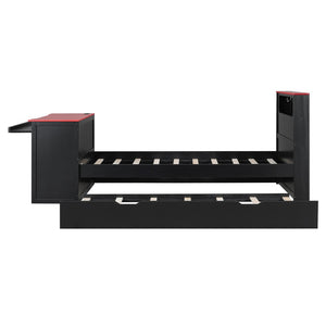 English Elm Twin Wood Gaming Daybed with Trundle Built-in Desk Rgb Lighting and Usb Port Black+Red LT000283AAR