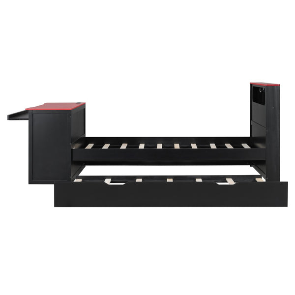 English Elm Twin Wood Gaming Daybed with Trundle Built-in Desk Rgb Lighting and Usb Port Black+Red LT000283AAR