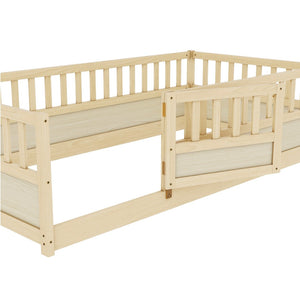 English Elm Twin Size Montessori Floor Bed With High Security Barrier & Child-Friendly Door - Natural Wood W1858P195272-GIGA
