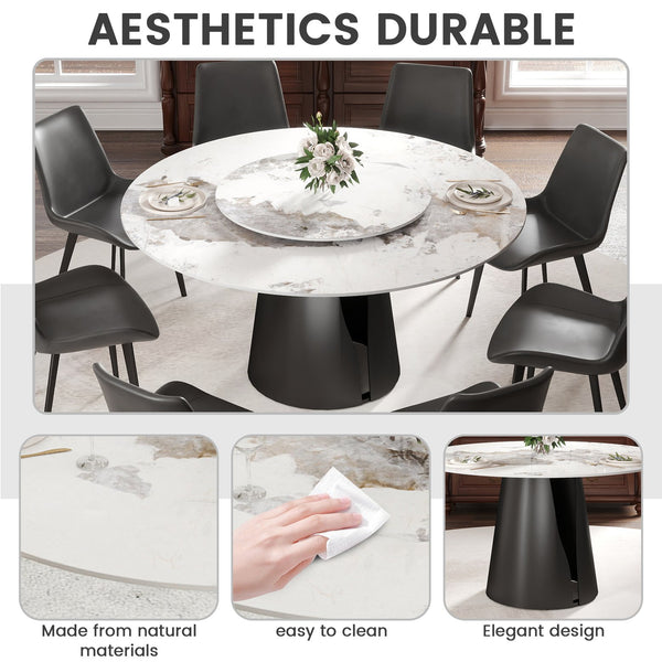 English Elm 59.05"Modern 59.05" Modern Round Dining Table With White Sintered Stone Top & Black Steel Base For 6-8 People W1535S00443
