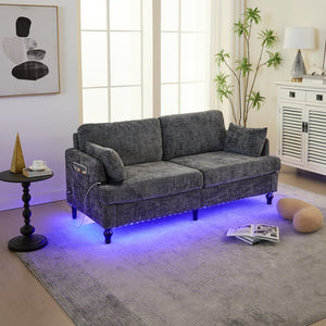 English Elm Modern chenille 2-seater sofa with LED lighting, USB charging, storage pocket, sturdy wood legs Gray W395P318544