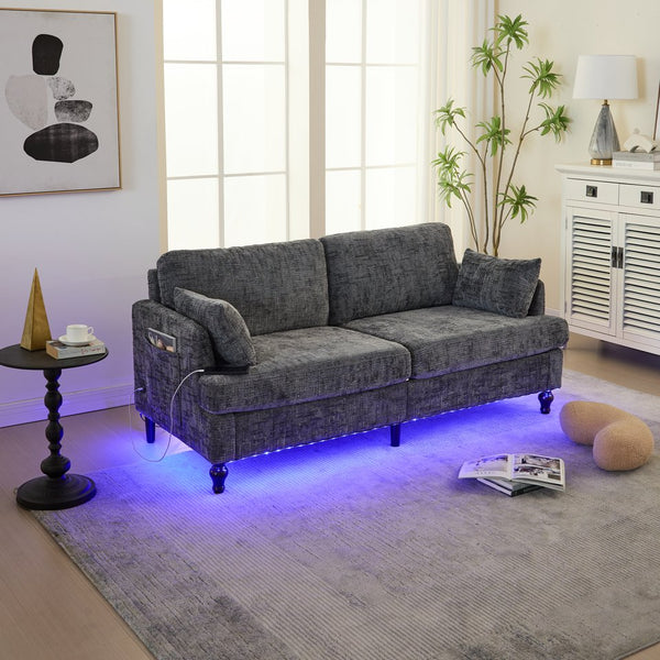 English Elm Modern chenille 2-seater sofa with LED lighting, USB charging, storage pocket, sturdy wood legs Gray W395P318544
