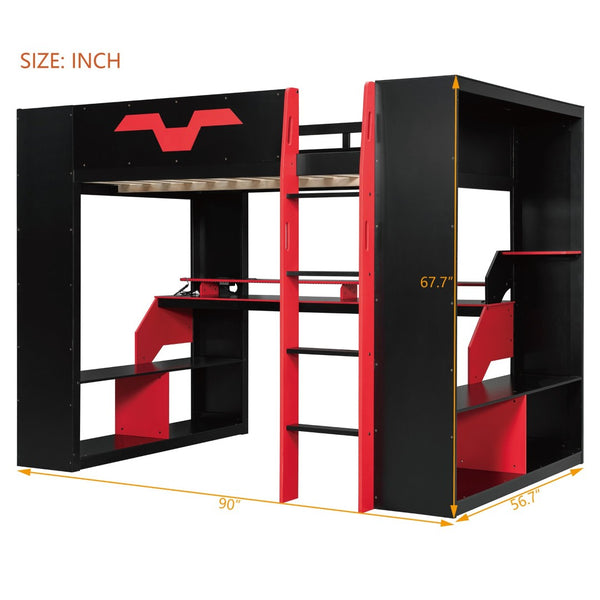 English Elm Full Size Gaming Loft Bed with Rgb Lighting Built-in Desk and Usb Charging Ports LT000275AAJ
