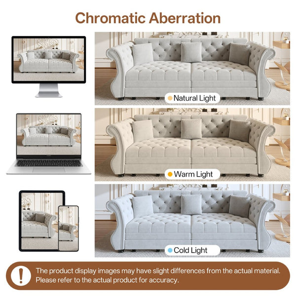 English Elm 97.6" Oversized Velvet Chesterfield Sleeper Sofa Floral Tufted Roll Arm Living Room Couch Light Grey W1885S00398