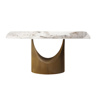 English Elm 63" Modern Artificial Stone Dining Table With Curved Design, Bronze Legs & Integrated Lazy Susan W1535S00551