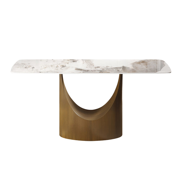 English Elm 63" Modern Artificial Stone Dining Table With Curved Design, Bronze Legs & Integrated Lazy Susan W1535S00551
