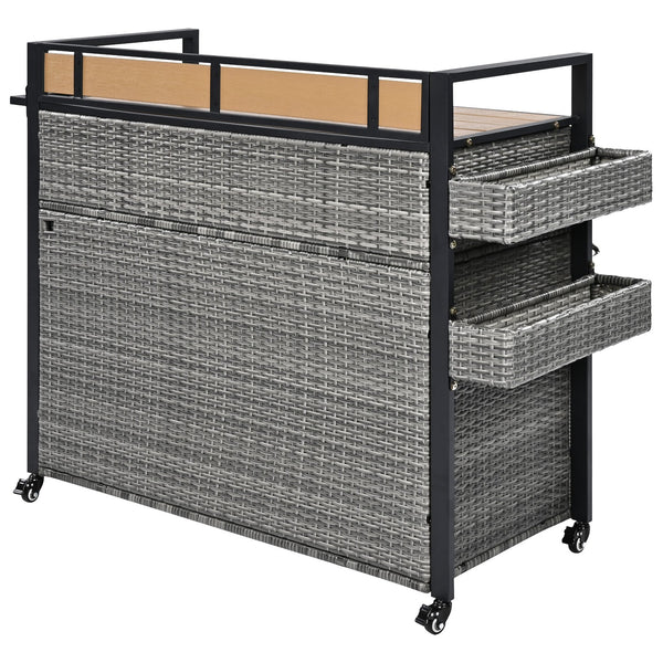 English Elm K&K Wicker Outdoor Grill Cart with Foldable Drop Leaf, Locking Wheels, Wine Rack & Ample Storage Grey N707P233747G