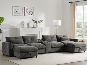 English Elm 142'' Modular Sectional Sofa - 6 Seats, Movable Ottoman, Usb Charging, Chic Chenille Style N723S9777E-GIGA