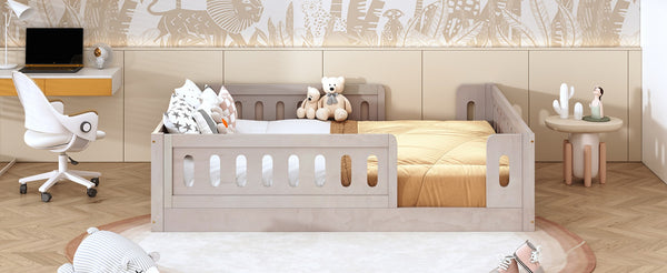 English Elm Wood Full Size Kids Platform Bed Solid Pine Guardrail Low Profile Safe Sleep Frame Natural N709P321458N