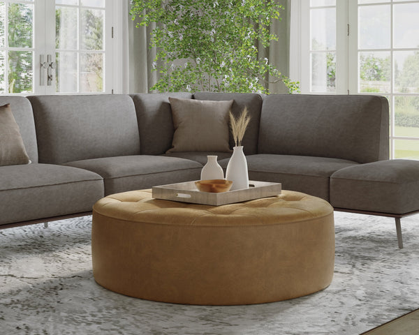 Sunpan Nilda Ottoman - Luxurious Italian Round Leather Seat with Tufted Top & Solid Wood Base - Camel Color