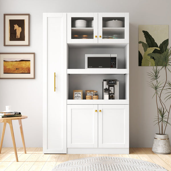 English Elm Kitchen Farmhouse Pantry Cabinet With Multi-Tier Pull-Out Shelves & 4 Doors For Organized Storage W331S00173