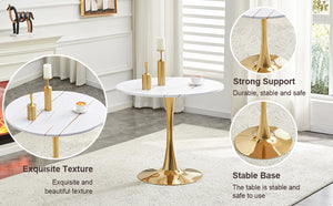 English Elm Round Faux Marble Tulip Pedestal Dining Table Mid Century Modern for Small Bistro Spaces Gold+White W2920P400992