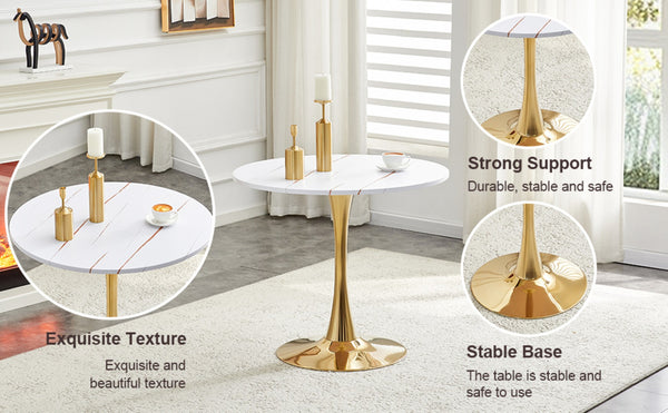 English Elm Round Faux Marble Tulip Pedestal Dining Table Mid Century Modern for Small Bistro Spaces Gold+White W2920P400992