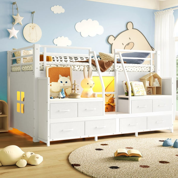 English Elm Twin Low Loft Bed with Shelves Fabric Drawers and Under Bed Study Nook Metal Frame Light White W5305S00042