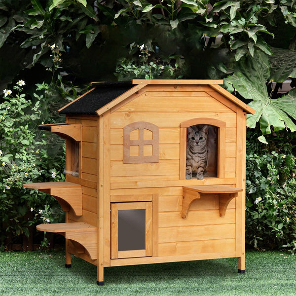 English Elm Pawhut Weatherproof 2-Story Cat House With Jumping Platforms, Escape Door & Openable Roof For Cats W2225P217567-GIGA