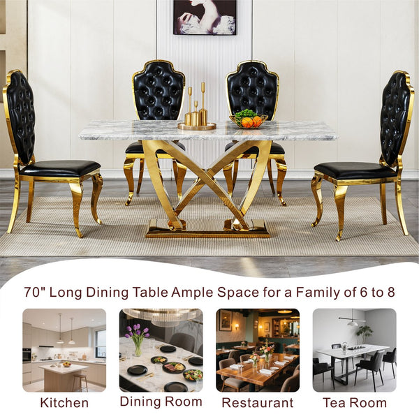 English Elm Marble Dining Table For 6 – Stylish 70'' Rectangle Faux Marble Top With Gold Stainless Steel Base W3456S00053