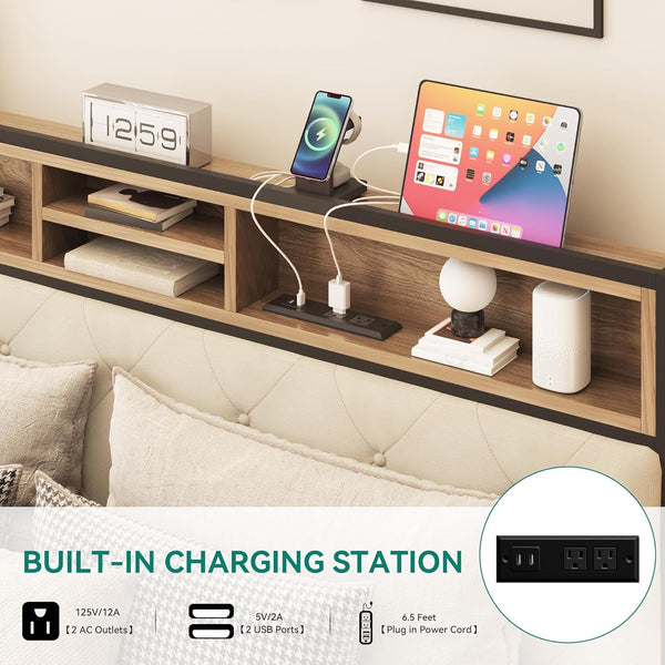 English Elm Queen Upholstered Platform Bed with USB Charging & Storage Headboard, Metal Slats, Beige Elegance W2904P372195