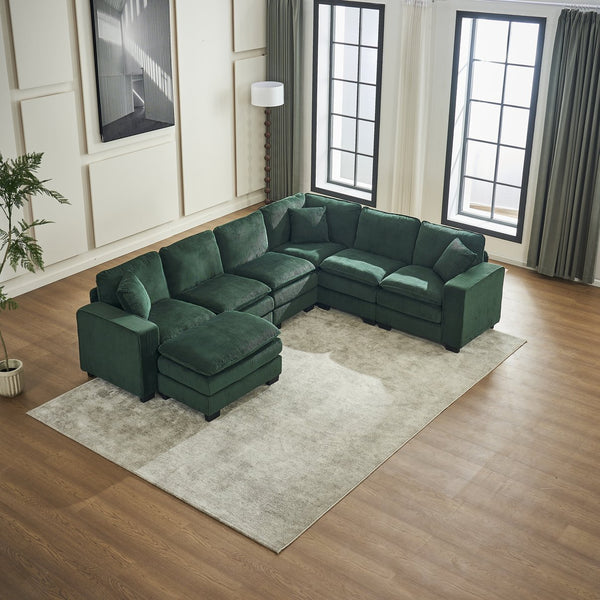 English Elm Modern U Shaped 6-Seat Sectional Sofa with Ottoman and 3 Toss Pillows, Corduroy Modular Comfort and Durable Frame Green W2363S00042