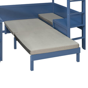 English Elm Full Size Loft Bed with Rotating Desk Led Lighting Sofa and Bookshelf Storage Navy Blue LT000200AAC