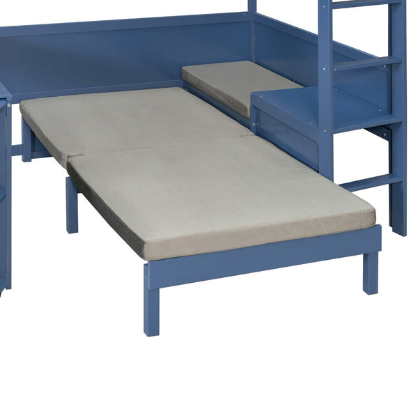 English Elm Full Size Loft Bed with Rotating Desk Led Lighting Sofa and Bookshelf Storage Navy Blue LT000200AAC